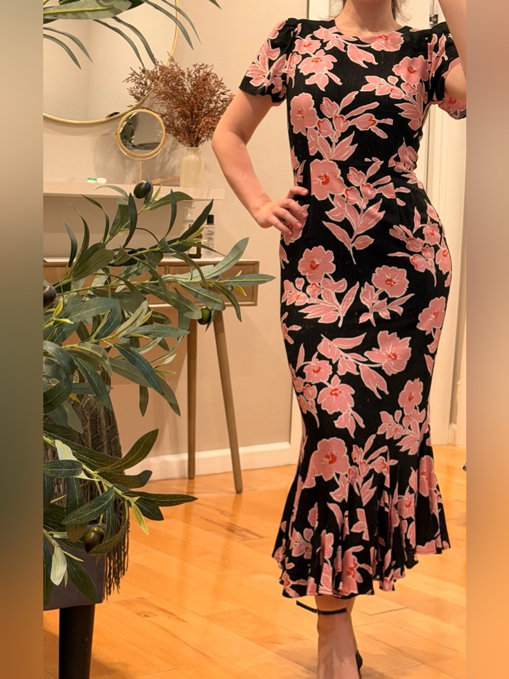 Black Midi Dress with Pink Floral Print - Feminine Fit